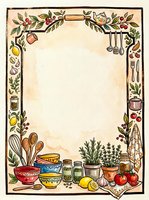 Watercolor kitchen frame with herbs, bowls, spices, and utensils on vintage parchment background, perfect for recipe cards and menus.
