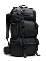 Black tactical backpack with multiple compartments and adjustable straps on white background, professional outdoor gear for hiking, camping and military use.