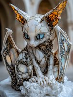 Mystical white dragon creature with blue eyes and intricate wing patterns perched on crystal formation, featuring detailed fantasy art design and ethereal coloring.