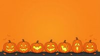 Glowing jack-o-lantern pumpkins with carved faces lined up against orange gradient background for Halloween decorations, seasonal designs, and festive graphics.