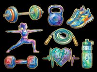 Colorful fitness equipment collection isolated on transparent background, ready for t-shirt designs, clipart, stickers, sublimation, and print-on-demand products.