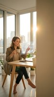 Young Caucasian businesswoman reading documents while drinking coffee at home office desk with city skyline view during golden hour morning routine.