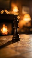 Wooden chess king piece on board with warm bokeh lights creating cozy atmosphere for strategic thinking and intellectual games.
