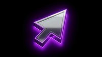 Glowing purple neon cursor arrow pointer with metallic silver surface on black background for digital interface design and web graphics.