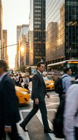 Professional businessman crossing busy city street during golden hour rush with yellow taxis and motion blur capturing urban energy and corporate lifestyle.
