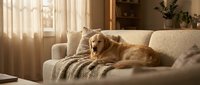 Golden retriever resting on cream-colored sofa with knitted blanket in bright living room with sheer curtains and natural sunlight for home decor and pet lifestyle content.