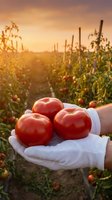 Fresh ripe tomatoes in farmer hands at sunset in organic vegetable garden. Agricultural harvest concept for healthy food production and farming.