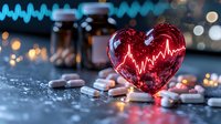 Red glass heart with heartbeat pulse line, medical pills and medicine bottles on dark surface with bokeh lights in background, healthcare concept.