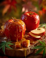 Fresh red apples with caramel drizzle on rustic wooden board, autumn leaves in background for seasonal food photography.