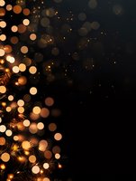 Glowing warm Christmas lights create magical bokeh effect against dark background, pine branches visible in corner for festive holiday atmosphere.