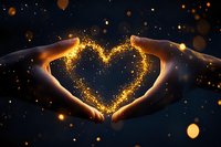 Hands forming heart shape with magical golden light sparkles and glowing particles against dark background, creating romantic atmosphere.