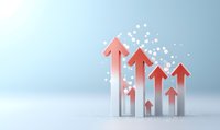 Red upward arrows showing growth trend with sparkle effects on light blue background, representing business success and financial performance.