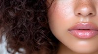 Close up of plump glossy lips and natural curly hair against neutral background, showcasing modern beauty and skincare aesthetics.