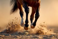 Powerful horse hooves kicking up sand and dirt during dynamic gallop at golden hour sunset creating dramatic action shot for equestrian sports content.
