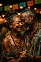 Happy mature African American couple dancing intimately at festive evening celebration with colorful lights and warm atmosphere creating romantic moment.