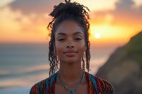 Young African American woman with dreadlocks and turquoise jewelry smiling confidently at sunset, ocean and warm golden sky in background, wearing colorful ethnic pattern top.