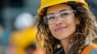 Professional female construction worker with curly hair wearing yellow hard hat and safety glasses smiling confidently at industrial worksite.