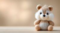 Adorable knitted teddy bear toy with fluffy white face and beige body sitting on wooden surface against soft blurred beige background.