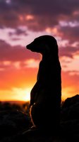 Meerkat silhouette standing alert on rocky terrain against dramatic sunset sky with vibrant orange, pink and purple clouds for wildlife photography projects.