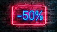 Glowing neon sign showing 50 percent discount on dark brick wall background. Bright pink and blue colors create modern urban nightlife atmosphere.