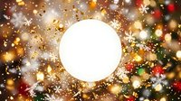 Festive circular frame with golden and red bokeh lights, glitter particles, and sparkling effects on warm background, suitable for holiday greetings, seasonal promotions, and celebratory designs.