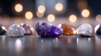 Purple amethyst crystal surrounded by various healing stones and gemstones on wooden surface with warm bokeh lights creating spiritual atmosphere.