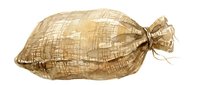 Tied burlap sack isolated on white background, ready for packaging design, agriculture, storage, and commercial use applications.