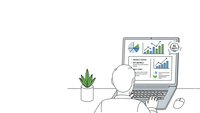 Professional analyst working on laptop with financial charts and data visualization dashboard for business analytics and reporting.