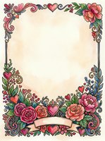 Ornate floral frame with roses, hearts, and decorative scrollwork on cream background. Isolated design element suitable for invitations, cards, posters, and digital projects.