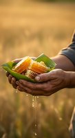 Farmer holding fresh corn cobs on green leaf with water droplets over blurred field background. Harvest concept for agriculture, farming, and organic produce marketing.