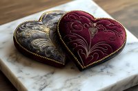 Ornate velvet heart-shaped decorative boxes with gold trim and embroidered floral patterns resting on white marble surface, romantic vintage style accessories.