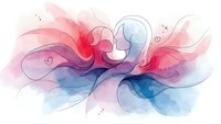 Abstract watercolor flowing shapes in pink purple and blue tones with delicate heart motifs creating romantic artistic composition for wedding invitations.
