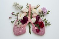 Anatomical human lungs decorated with blooming flowers on white background, symbolizing respiratory health, nature healing, and wellness concepts.