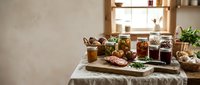 Rustic kitchen table with homemade preserves, jams, pickled vegetables in glass jars, fresh bread and charcuterie board creating cozy farmhouse atmosphere.