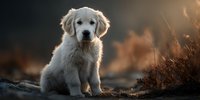 Golden retriever puppy sitting outdoors during golden hour with warm sunlight and natural bokeh background for pet photography and advertising campaigns.
