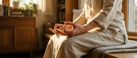 Senior woman with weathered hands holding wooden prayer beads, sitting in warm sunlight by window in cozy home interior, spirituality and mindfulness concept.