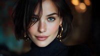 Young woman with dark hair and freckles wearing black turtleneck and gold hoop earrings against blurred bokeh background. Perfect for beauty, fashion, and portrait photography.