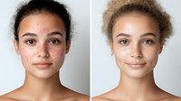Before and after acne treatment comparison showing skin transformation and healing process on mixed race young woman against neutral background.