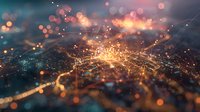 Abstract digital network with glowing orange and blue light points connected by luminous lines creating futuristic technology landscape with bokeh effect.