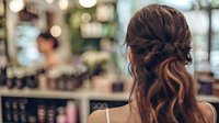 Young Asian woman with elegant braided hairstyle sitting at bar counter in restaurant. Soft bokeh lights create romantic evening atmosphere. Back view portrait.
