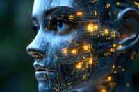 Futuristic face with glowing circuit patterns and digital transformation effects merging human and technology features in profile view against dark background.