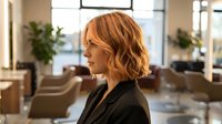 Professional blonde businesswoman with wavy bob haircut in modern office environment wearing black blazer for corporate and workplace concepts.