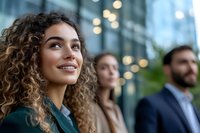 Young mixed race businesswoman with curly hair smiling confidently outdoors with diverse colleagues against modern office building background with bokeh lights.