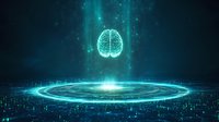Glowing brain hologram floating above futuristic circular platform with digital particles and cyan light effects in dark space, representing artificial intelligence.