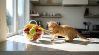 Ginger tabby cat reaching toward bowl of fresh fruits on kitchen counter with sunlight streaming through window and shelves in background.