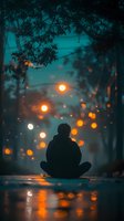 Silhouetted figure sitting cross-legged on wet ground beneath tree branches, surrounded by warm glowing street lights and bokeh effects at dusk. Moody urban atmosphere for meditation, loneliness, contemplation themes.