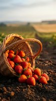 Fresh ripe strawberries spilling from wicker basket on fertile farmland soil with blurred agricultural fields in golden hour light for organic farming concepts.