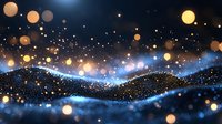 Magical glowing particles floating over dark mountains with bokeh light effects and sparkles creating dreamy night landscape atmosphere.