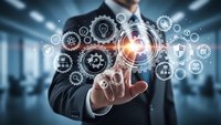 Professional businessman in suit touching digital interface with glowing gears and security icons representing technology innovation and business automation.