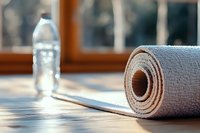 Rolled yoga mat and water bottle on wooden floor in bright fitness studio ready for workout session and exercise routine.